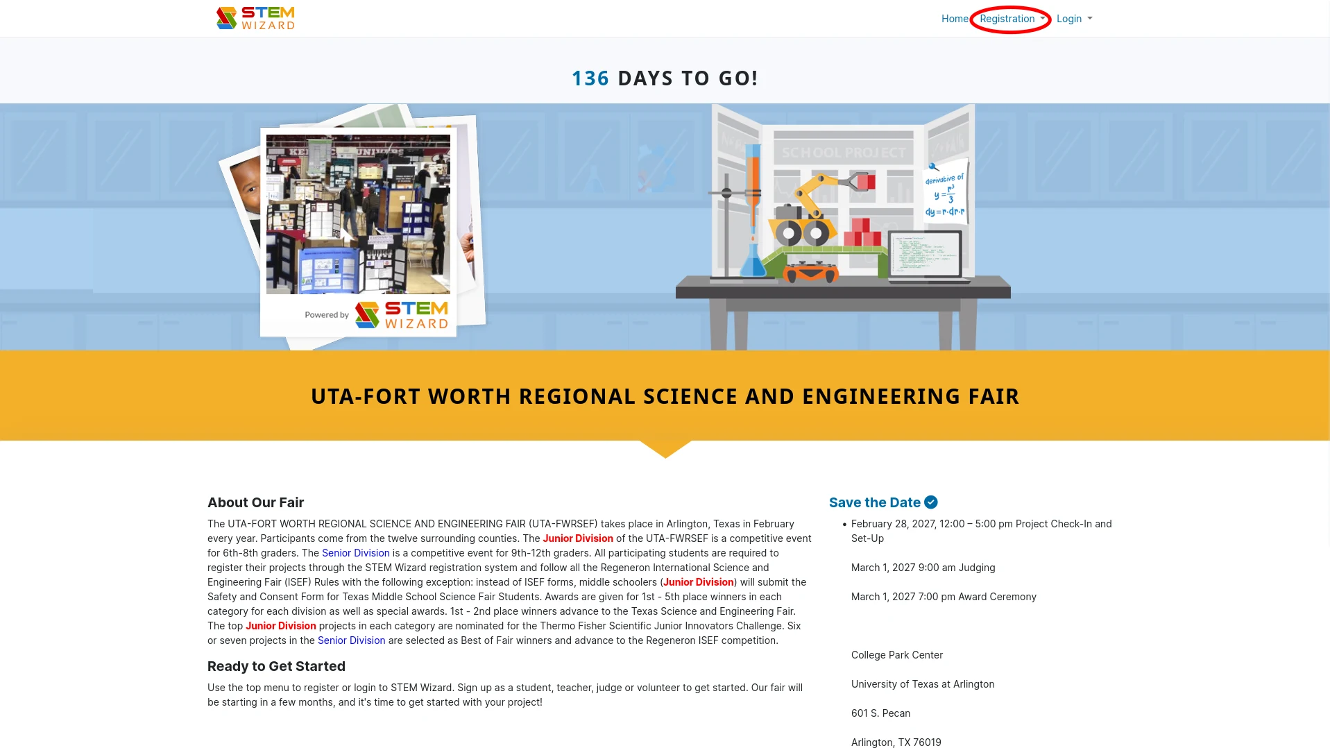STEM Wizard fair homepage with Registration circled in the top navigation