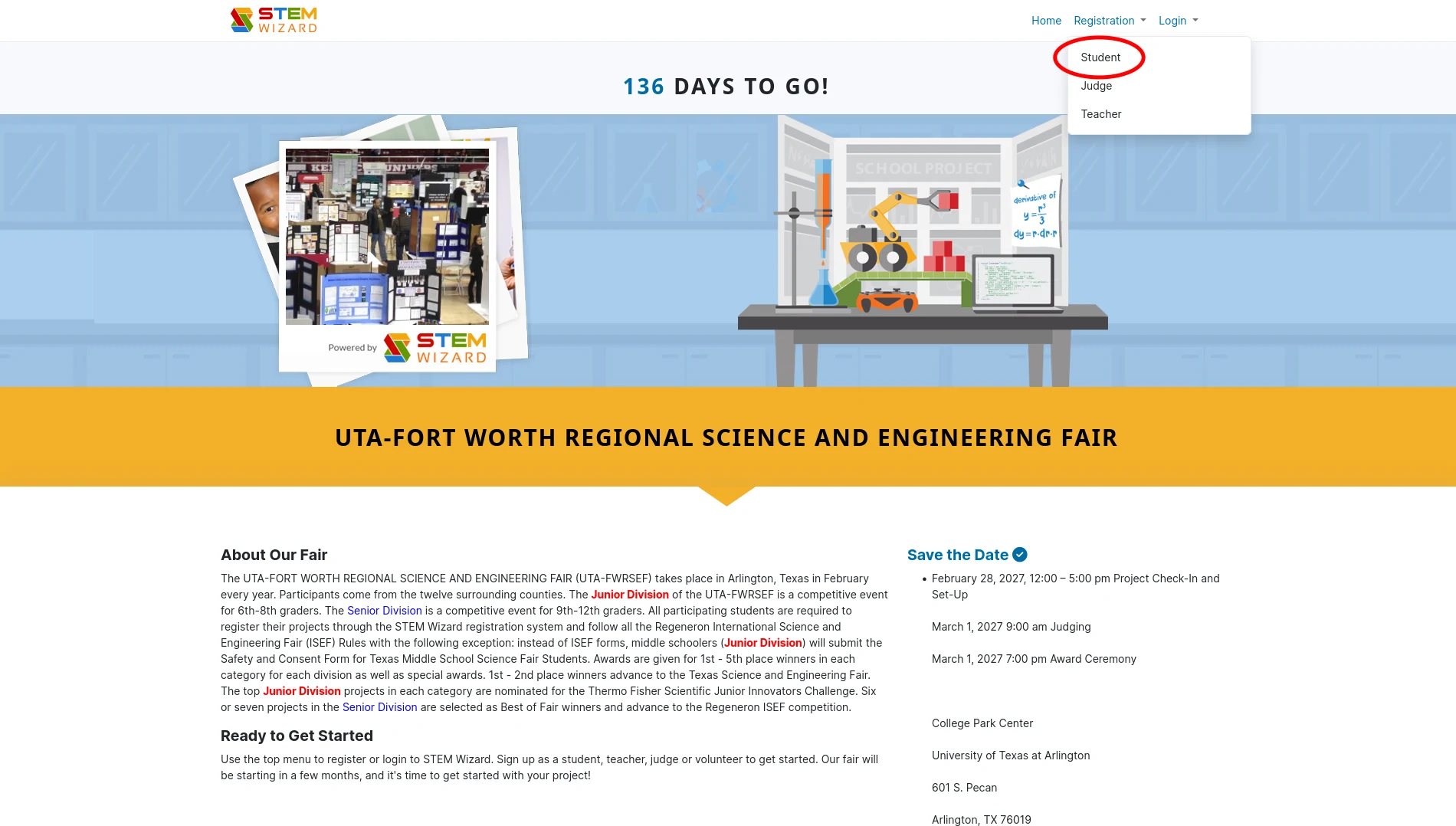 STEM Wizard Registration menu with Student circled